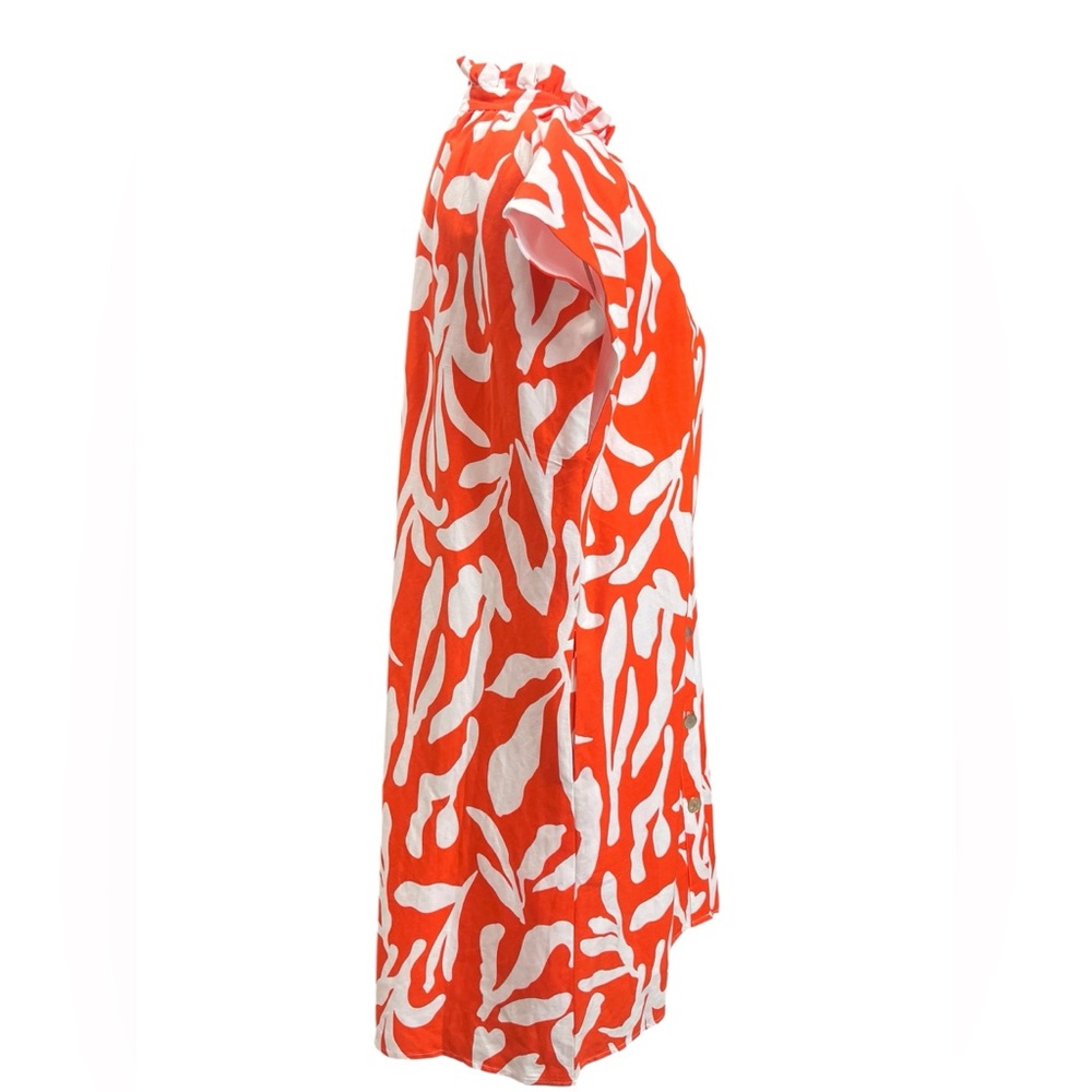 THML Orange White Botanical Print Ruffle Neck Mini Dress Linen Blend M - Picture 4 of 10
